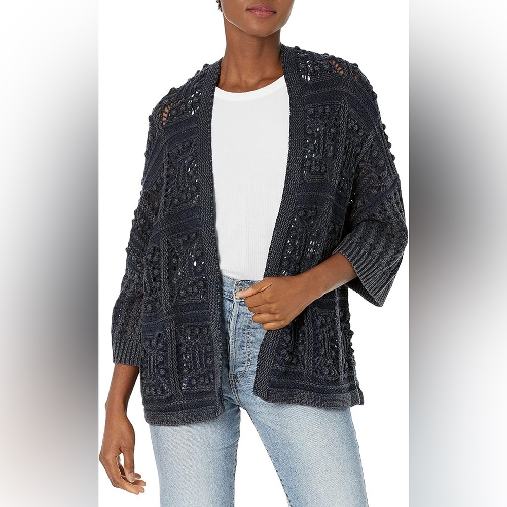 Lucky Brand  distressed Blue Crochet‎ Open Front Cardigan SZ Small grunge hippie